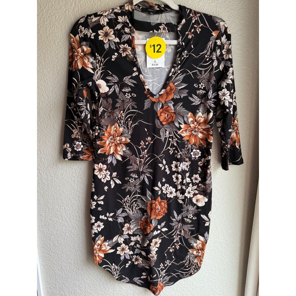 Forever 21 Black Floral Choker Neck Dress Large NWT 3/4 Sleeve Bodycon Mini